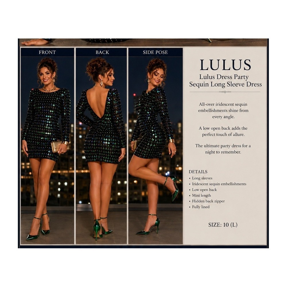 Lulus Dress Party Sequin Long Sleeve Mini Black Green Blue Glitz Glam Party Lg.